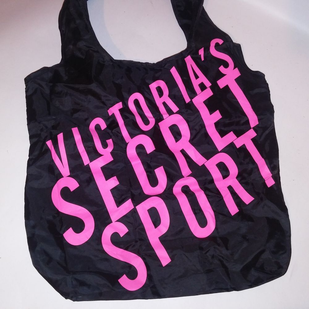 Victoria Secret Sport Tote Bag Nylon Black Neon Pink 2 Hair Ties 14" x 16" - Picture 3 of 11